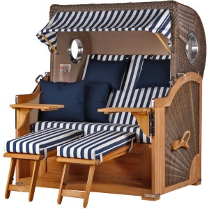 Komplettset: Grauer Strandkorb Königssee aus Teakholz mit Bullauge, blau-weiß gestreift, inkl. Zubehör.