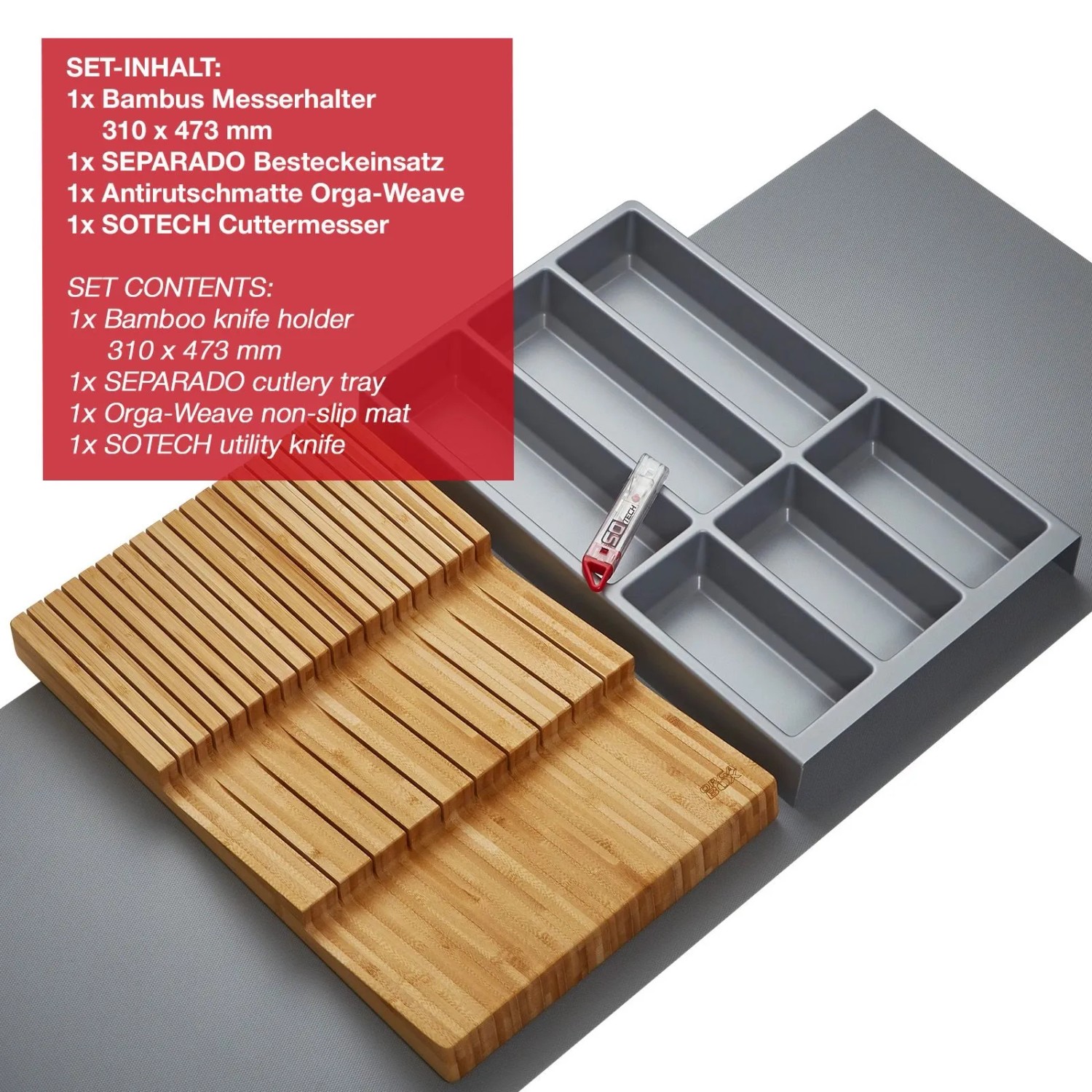 SOTECH ORGA-BOX Vario SET 8 Silbergrau für 90er Schublade Besteckeinsatz Messerhalter Antirutschmatte Orga-Weave_5
