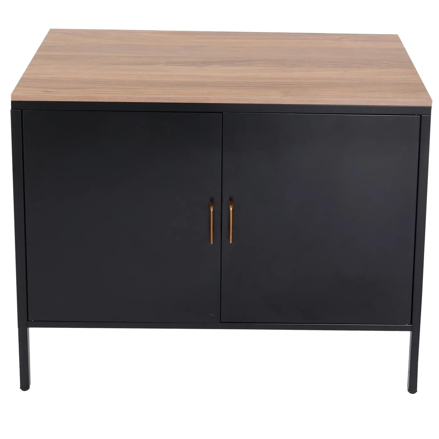 Schwarze MCW Kommode L84-2 mit Holzplatte, 2 Türen und Metallgriffen. Schubladenkommode für Wohnzimmer und Flur.