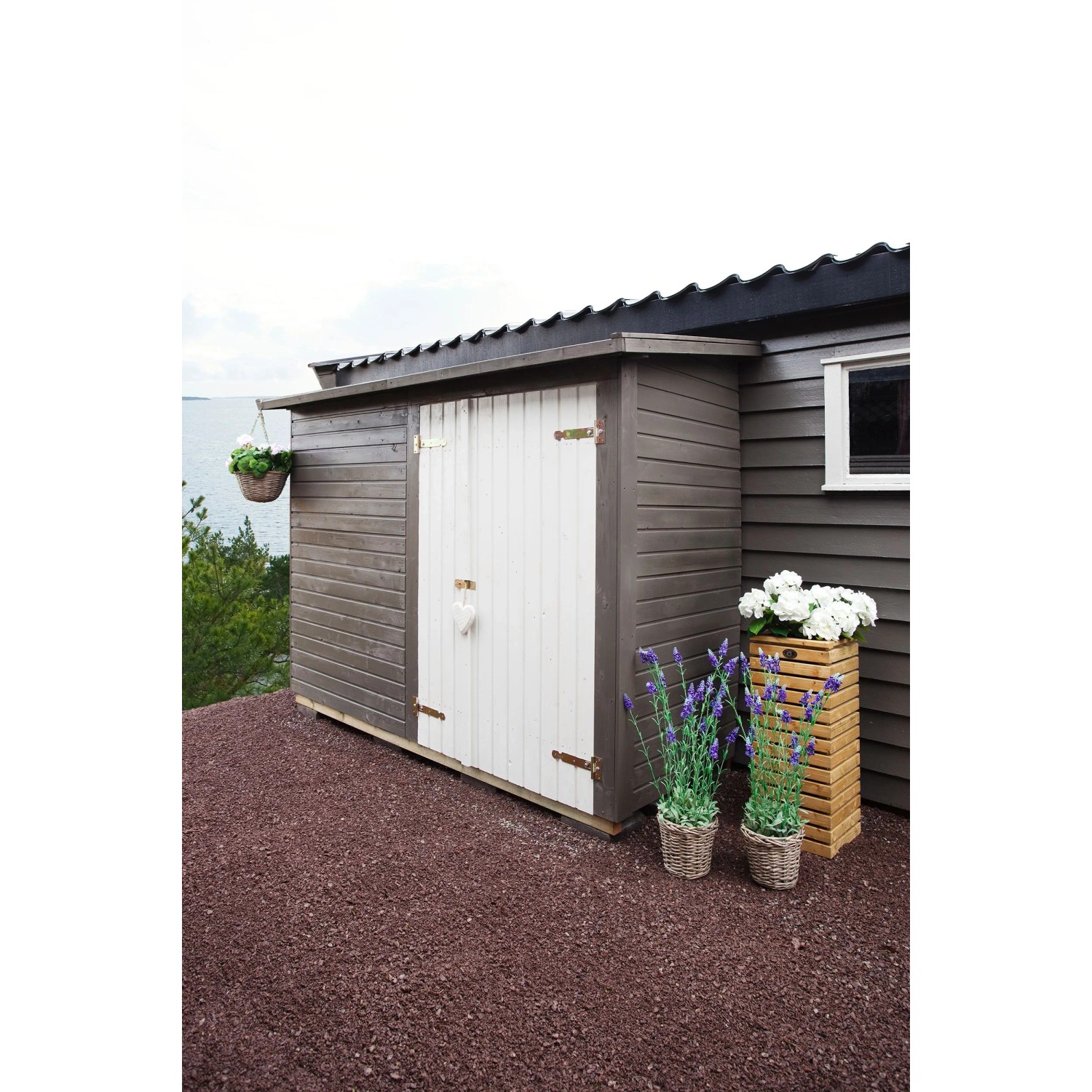 Palmako Gerätehaus Leif, 234x95 cm, hellgrau lackiert. Holz-Gartenhaus mit Doppeltür und Fußboden.