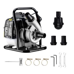 Wiltec Benzin Wasserpumpe mit schwarzem Rahmen, silbernem Pumpengehäuse und Zubehör für Gartenbewässerung & Entwässerung.