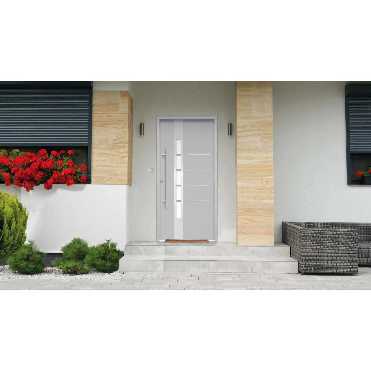 Graue Splendoor Sicherheits-Haustür Berlin Prime RC2K (110x210 cm) mit Edelstahlgriff und Glaseinsatz.