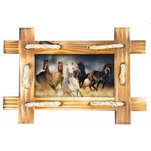 Sanders Wandtattoo Pferde im Holzrahmen, beige, braun und weiß, 42,5x65 cm.