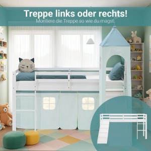 Weißes Kinder Hochbett 90x200 aus Kiefernholz mit Rutsche, Turm & mintgrünem Vorhang. Leiter/Rutsche beidseitig montierbar.