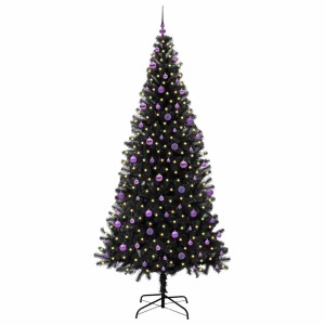 Schwarzer vidaXL Weihnachtsbaum mit 300 LEDs, 240 cm hoch, mit lila Kugeln.