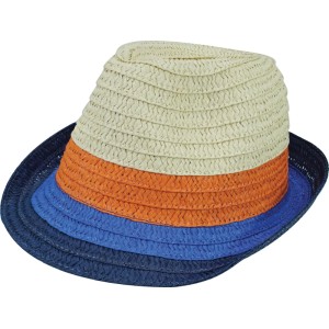 Strohhut Jungs Fedora, Color-Block-Design: beige Krone, orange Band, blaue Krempe. Größe 53-54.