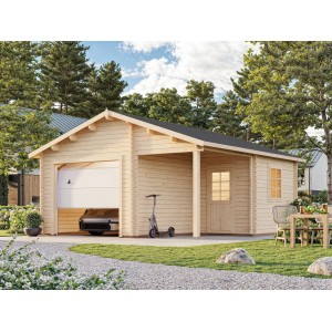 Palmako Holzgarage Roger mit Sektionaltor, naturbelassene Holzoptik, mit angrenzendem Carport.