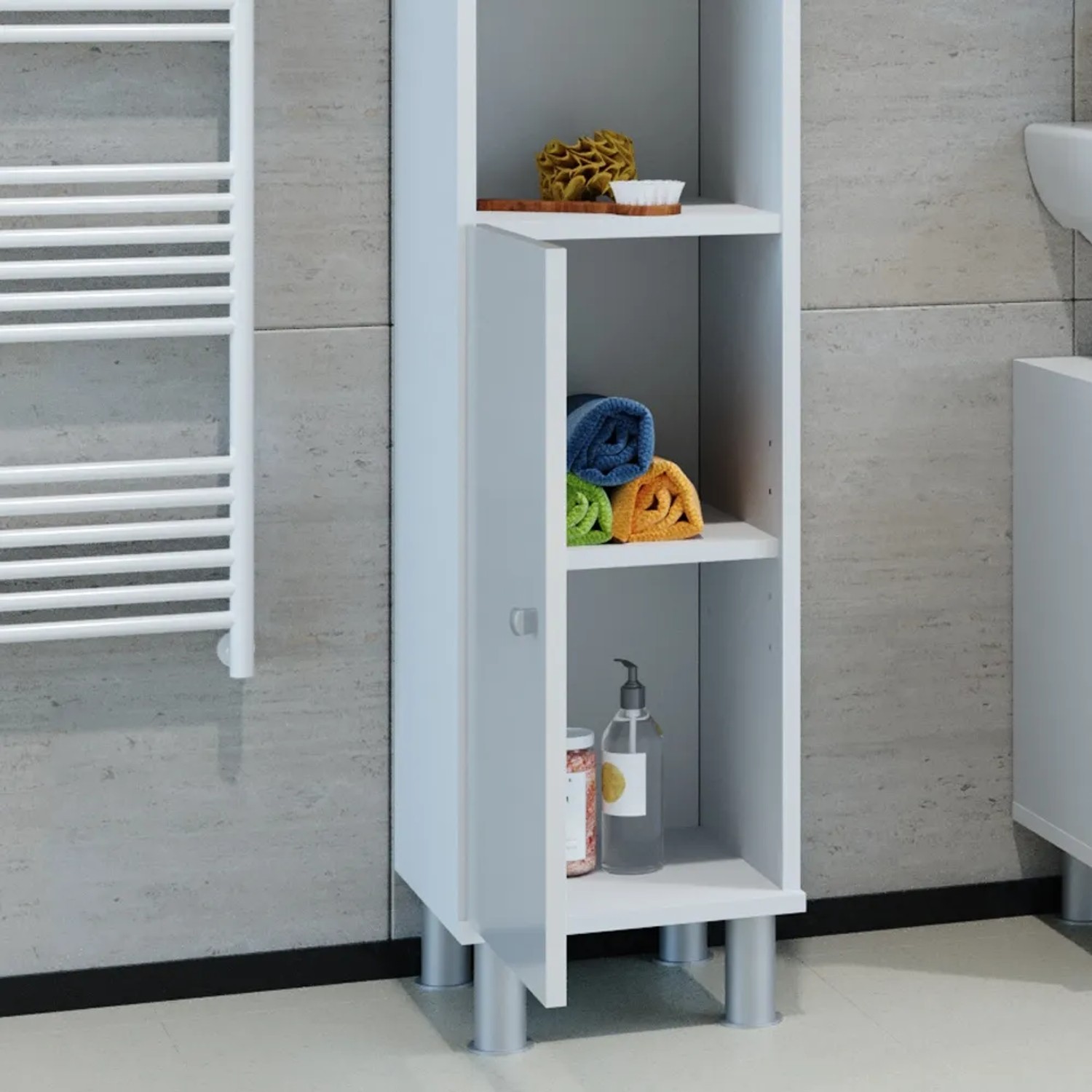 Vicco Badschrank Fynn, weiß hochglanz, 30x190 cm, mit Regalfächern und Badutensilien.
