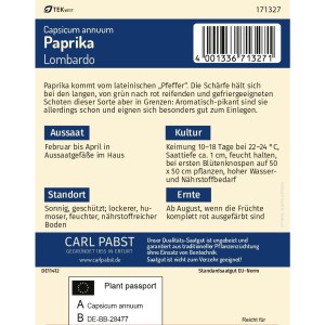 Pabst Keimkraft Paprika 'Lombardo' Saatgutpackung, Gemüsesamen für ca. 30 Pflanzen.