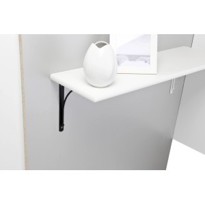 Schwarze OBI Konsole Kottos (230x180mm) mit weißem Regalbrett, Vase und Bilderrahmen an grauer Wand.