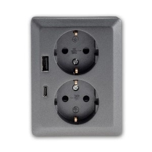 ChiliTec 2-fach Steckdose in Anthrazit mit USB-A und USB-C Anschluss für Unterputzmontage.