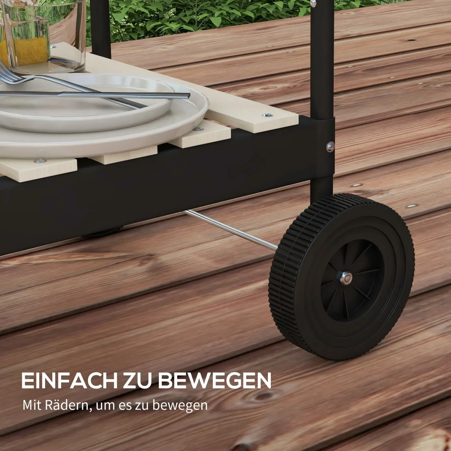 Detailaufnahme: Schwarzer Outsunny Holzkohlegrill mit Holzablage und Rad für einfachen Transport.