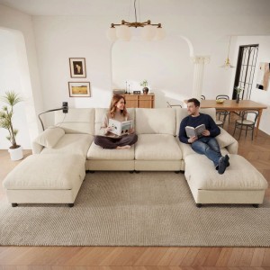 Beiges Merax Ecksofa U-Form aus Chenille, 6-Sitzer, mit Funktionsarmlehne und Hockern im Wohnzimmer.