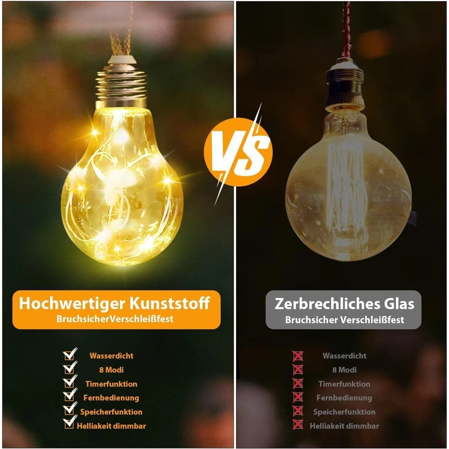 Salcar LED Solar-Lichterkette: Robuste Kunststoff-Glühbirne mit Hanfseil, wasserdicht, dimmbar, Fernbedienung. Im Vergleich zu Glas.
