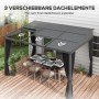 Outsunny Pergola Gazebo, dunkelgrau, mit verschiebbarem Dach und Vorhängen. Essbereich im Garten.