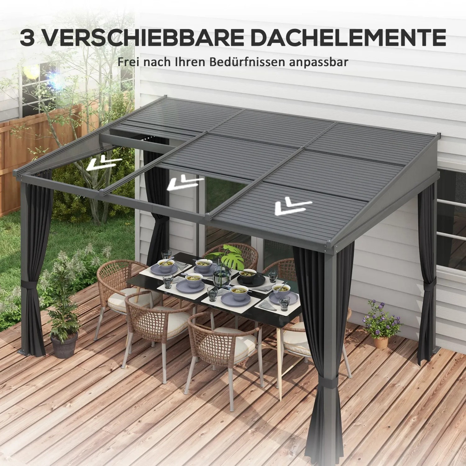 Outsunny Pergola Gazebo, dunkelgrau, mit verschiebbarem Dach und Vorhängen. Essbereich im Garten.