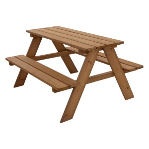 Braune Kindersitzgarnitur aus Holz für den Garten: Tisch mit zwei Bänken.