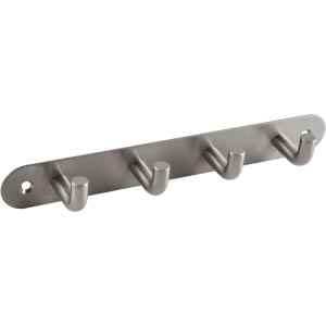 Garderobenleiste Sepa aus gebürstetem Edelstahl, 220 mm breit, mit 4 Haken für Jacken und Accessoires.