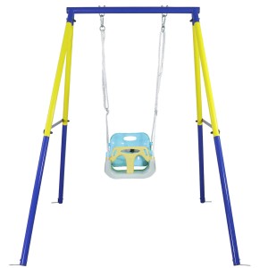 CCLIFE Babyschaukel mit gelbem Sitz und blau-gelbem Schaukelgestell.