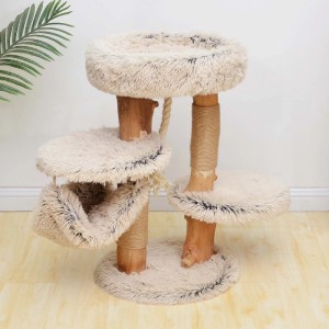 Fudajo Kratzbaum aus Holz und hellem Plüsch mit Sisalstämmen, mehreren Ebenen und Hängematte, 87,5 cm hoch.