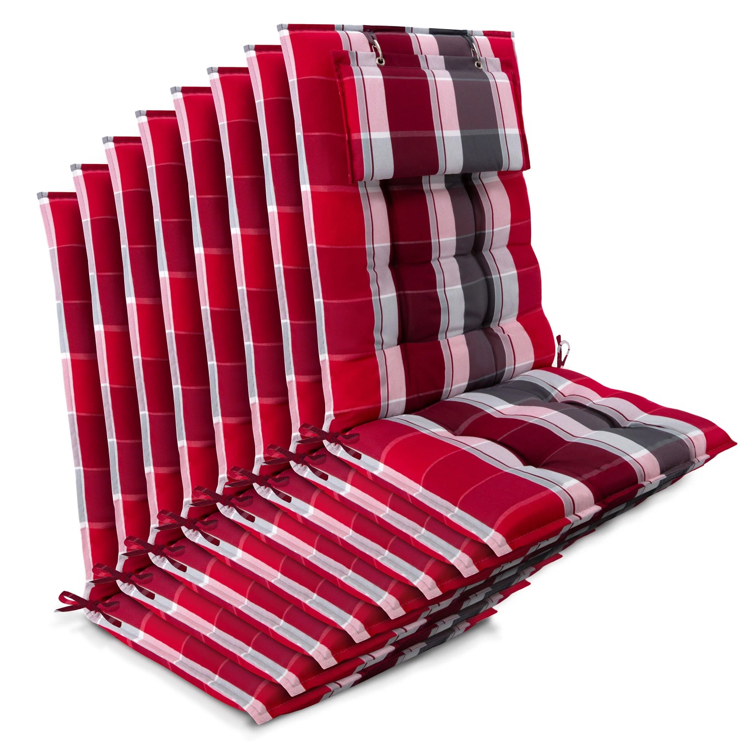 Beautissu 8er Set Sun-HL Hochlehner Auflage 120x50x8cm Rot-Gestreift