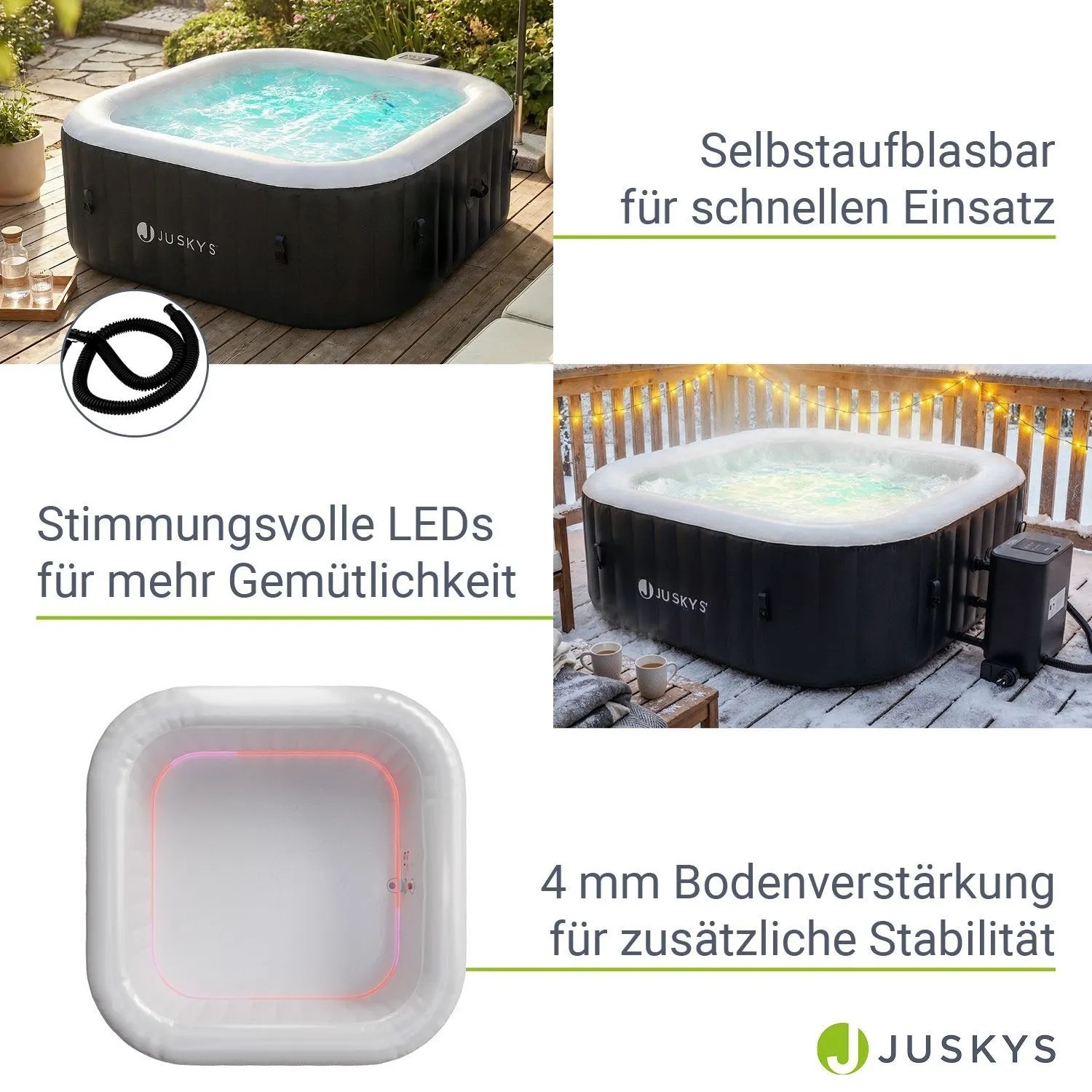 Juskys SpaLuxe aufblasbarer Whirlpool schwarz-weiß mit LED-Beleuchtung, Sprudeldüsen und robustem PVC für den Garten.