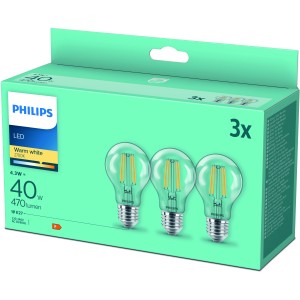 Philips LED E27 4,3W Glühbirnenform 3er-Set, warmweißes Licht. Ideal für Wohnräume.