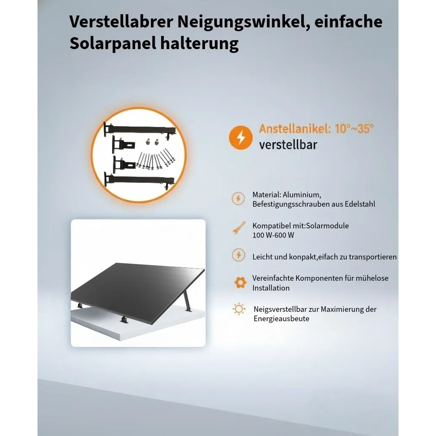 Verstellbare Flachdach-Halterung für Solarpanels, 10-35° Neigung, Aluminium. Ideal für Balkonkraftwerk, maximiert Energieertrag.
