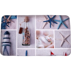 Sanilo Badteppich Meeresbrise 50x80 cm mit maritimen Motiven wie Leuchtturm, Seestern und Muscheln.