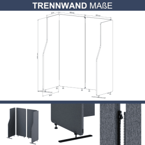 DELUKE Akustik-Trennwand, anthrazit, 145x240cm. Stellwand für Büro, Raumteiler, Sichtschutz.