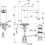 Technische Zeichnung: Ideal Standard Connect Air Waschtischarmatur, gebürstetes Gold, mit Maßangaben.
