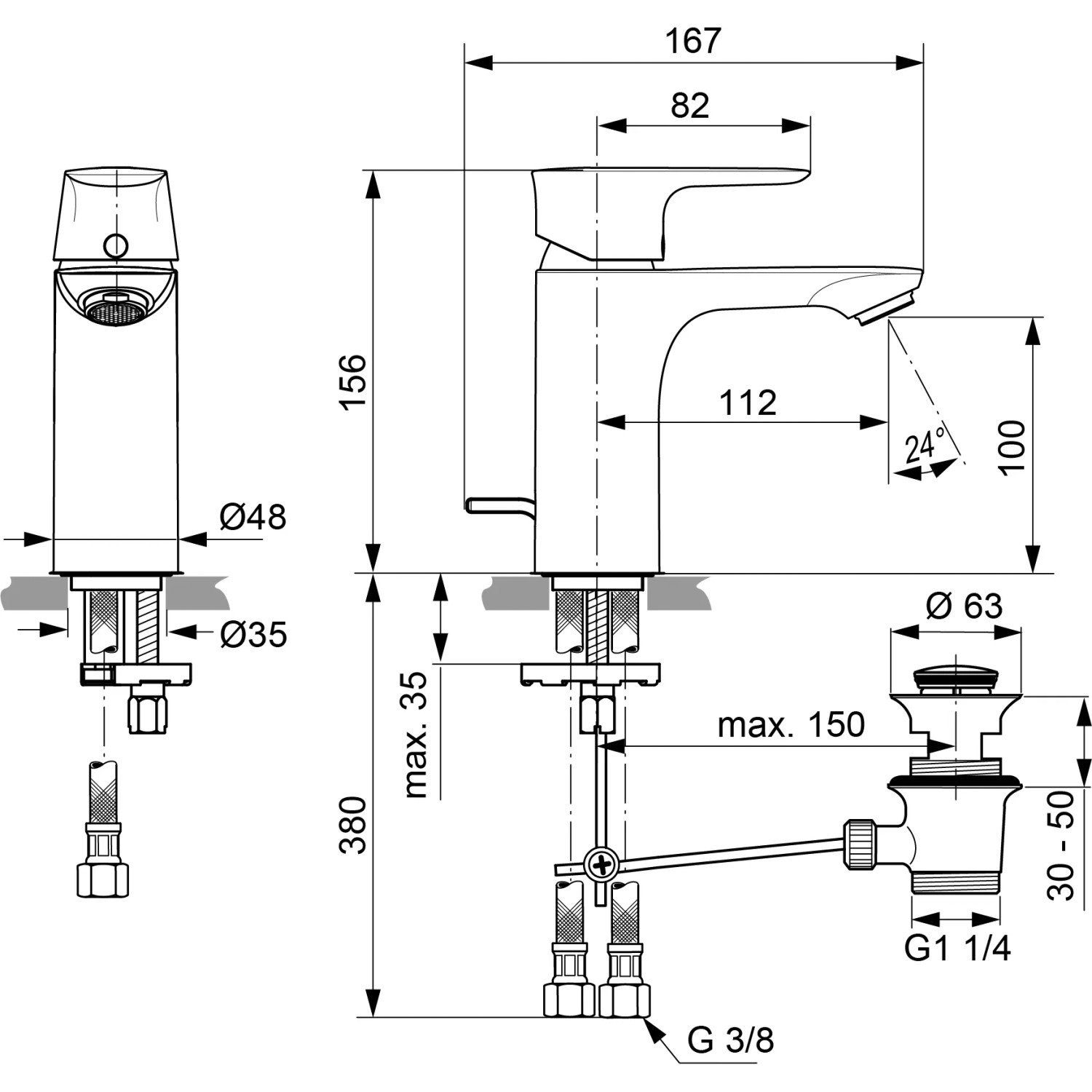 Technische Zeichnung: Ideal Standard Connect Air Waschtischarmatur, gebürstetes Gold, mit Maßangaben.