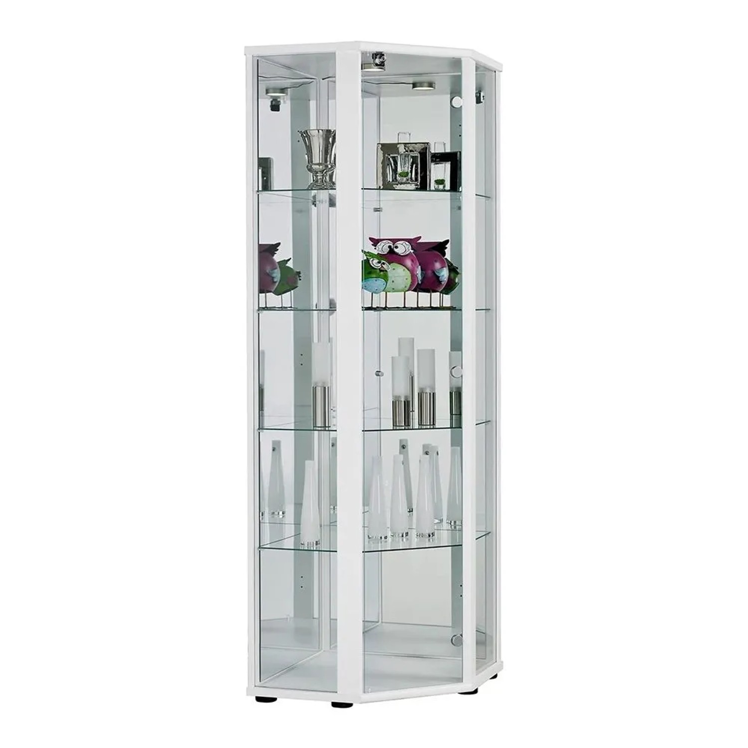 K-Möbel Eckvitrine Glas Stehend 176x56,5x56,5 cm Made in Germany mit Schloss Spiegel & LED Weiss