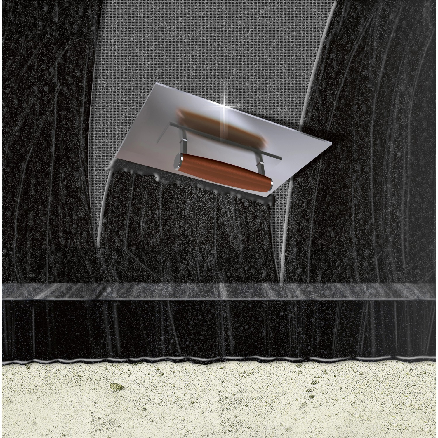 Auftragen der MEM Dickbeschichtung auf eine Kellerwand mit einer Glättkelle. Bauabdichtung für Fundamente.