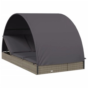 Graue 2-Personen Sonnenliege mit Dach aus Poly Rattan, verstellbar für Garten oder Terrasse.