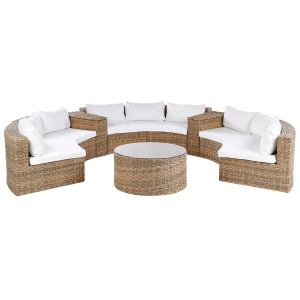 Goldbraunes Beliani Lounge Set SEVERO aus Polyrattan mit Tisch und weißen Polstern.