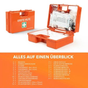 KARAT Erste-Hilfe-Koffer Klein DIN 13157, orange, mit Inhalt und Wandhalterung für Kleinbetriebe.
