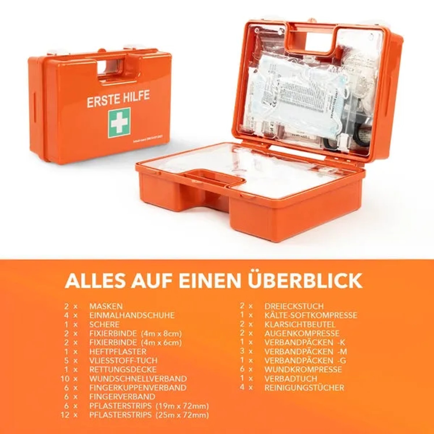KARAT Erste-Hilfe-Koffer Klein DIN 13157, orange, mit Inhalt und Wandhalterung für Kleinbetriebe.