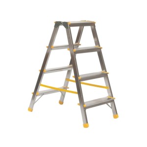 Doppelseitige Aluminium Stufenstehleiter mit 4 Stufen, silber/gelb, max. 150 kg Tragkraft.
