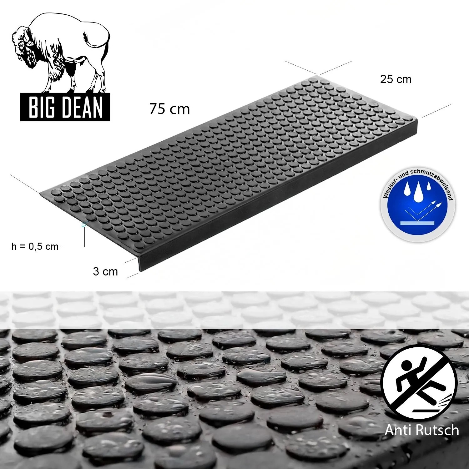 Schwarze Gummi Stufenmatte 75x25cm mit Kreis Design. Rutschfeste Outdoor Treppenmatte für sicheren Halt.