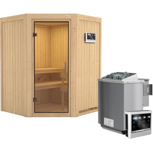 Karibu Sauna Lyra mit Bio-Ofen, externer Steuerung und Glastür. Massivholzsauna für entspannte Stunden.