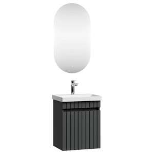 Planetmöbel COSMIA Waschtischunterschrank 50 cm Anthrazit Matt mit Keramikwaschbecken Tür LED Spiegel Armatur Chrom Soft Close