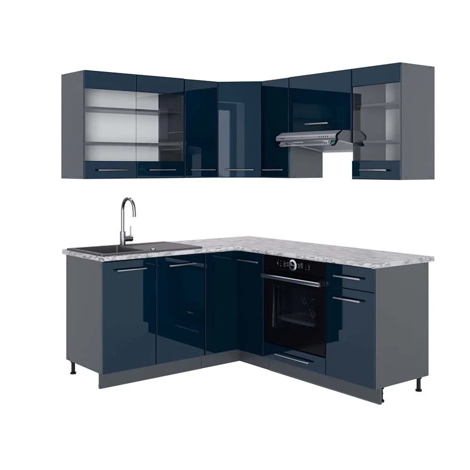 Vicco Eckküche Fame-Line Dunkelblau Hochglanz/Anthrazit 190 x 82, AP Marmor