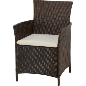 Brauner Polyrattan Sessel mit beigem Sitzkissen, Teil des Gartenmöbel-Sets Canera.