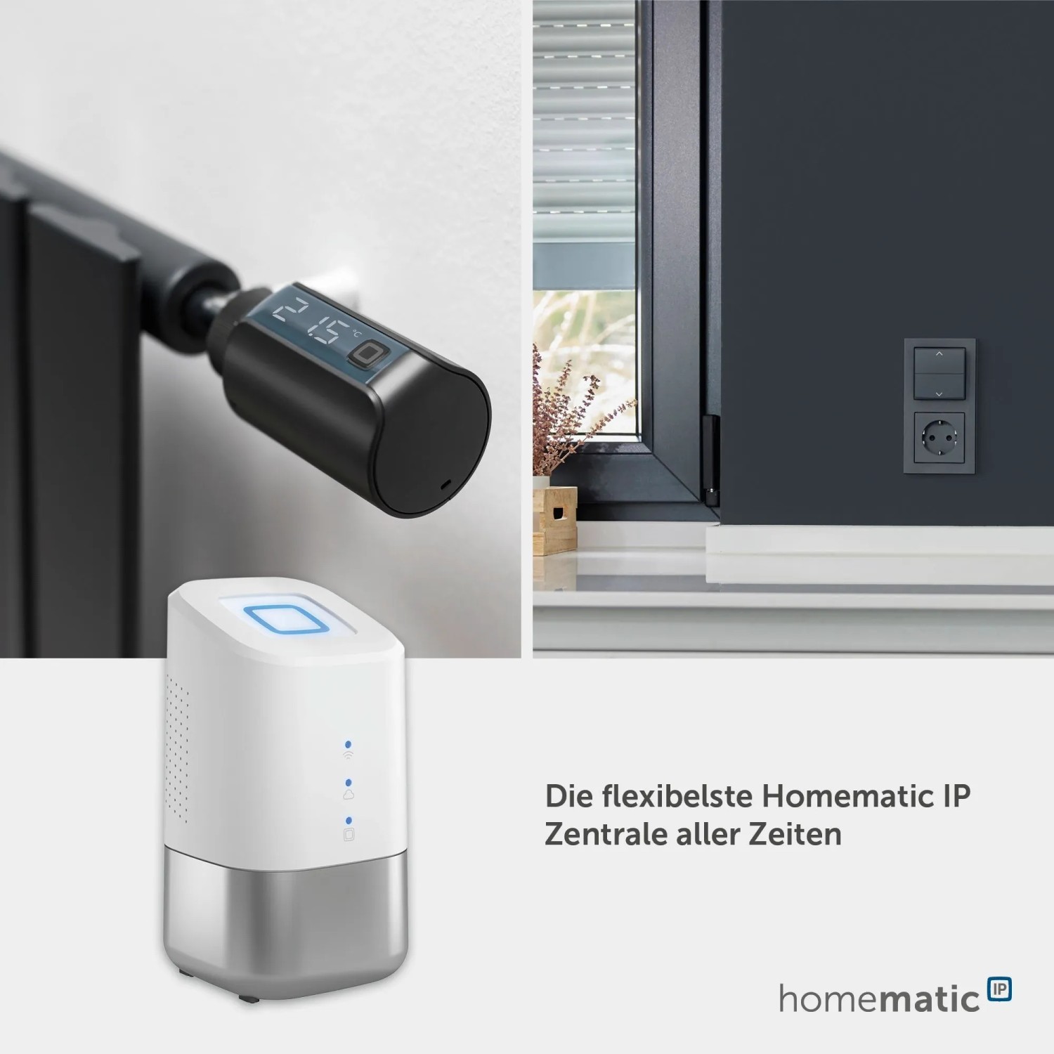 HmIP Home Control Unit: Smart Home Zentrale mit Heizkörperthermostat und Fensteransicht.