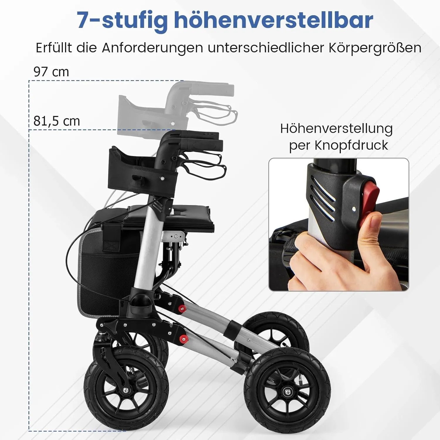 Costway Rollator mit Luftbereifung Faltbar 7-Fach Höhenverstellbar Silber_6