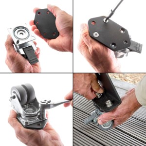 Montage des SOTECH Rollensets LOUNGER für Gartenliege: Hände befestigen schwarze Adapterplatte und Lenkrollen aus Stahl.