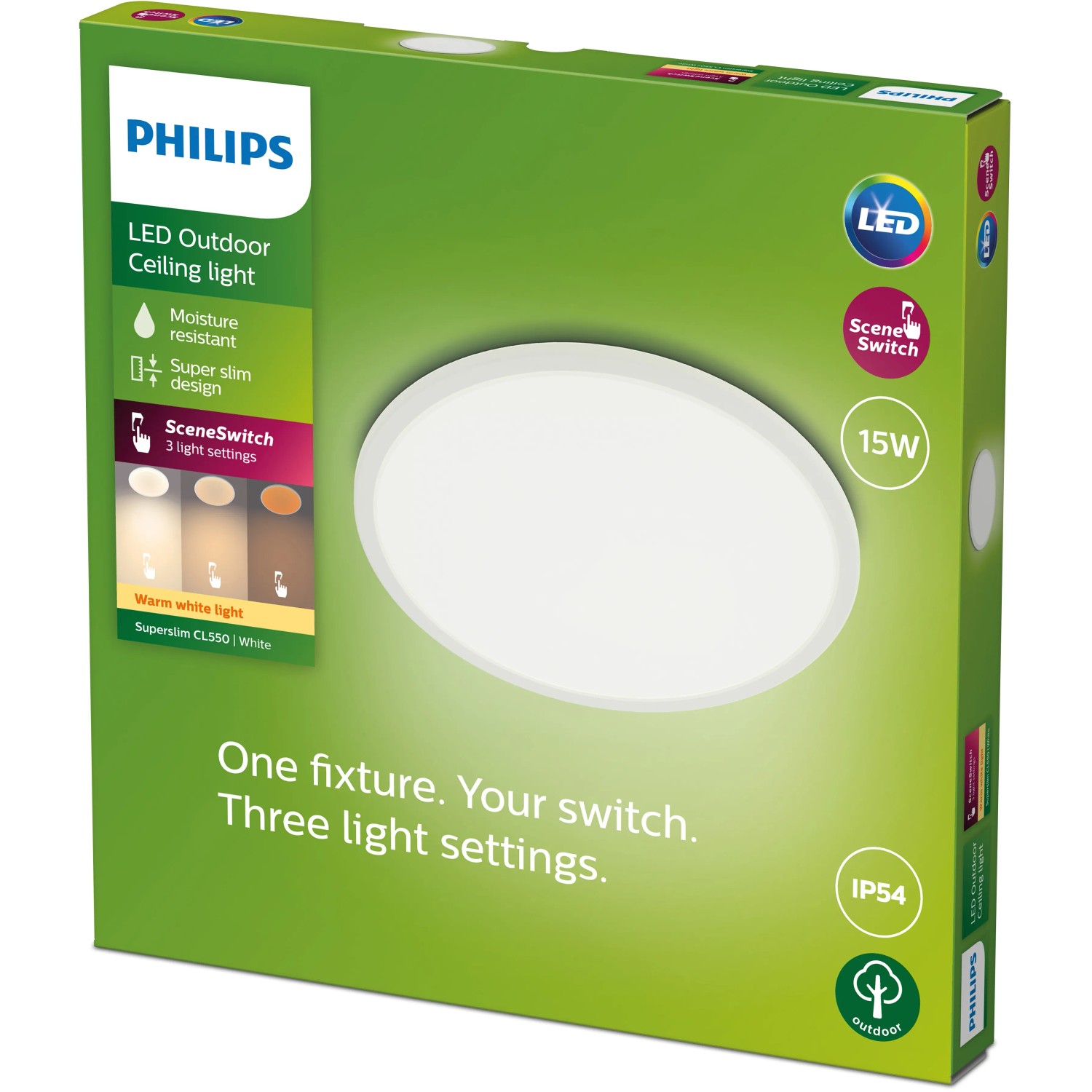 Verpackung der Philips SceneSwitch LED-Deckenleuchte, 15W, mit 3 Lichtmodi für den Außenbereich.