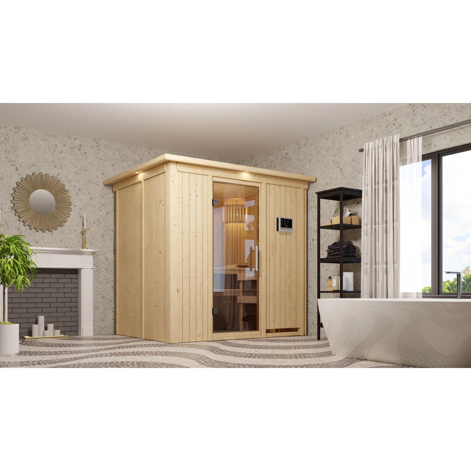 Karibu Sauna Finja mit Ofen externe Stg.Easy LED-Dachkranz Natur