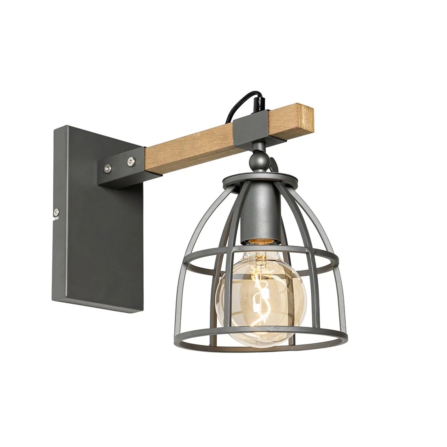 QAZQA Industrielle Wandleuchte Dunkelgrau und Holz Verstellbar   Arthur
